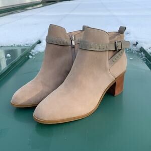 NWOT French Connection tan leather wooden heeled booties w/ strap buckle detail